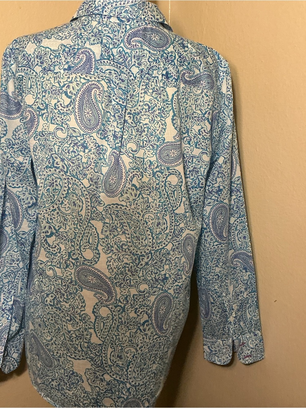 Talbots Blue Paisley Button Front Blouse Medium 100% Cotton Long Sleeve - Picture 7 of 7